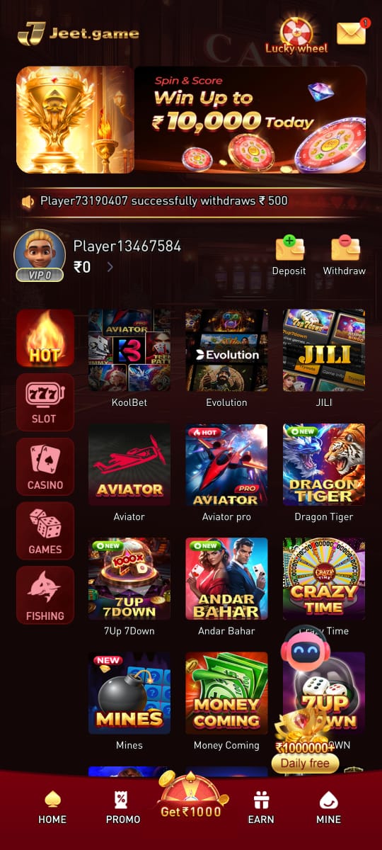 JeetGame App home screen showing live prediction games and tournaments